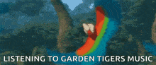 two colorful parrots are standing next to each other with the words listening to garden tigers music below them .