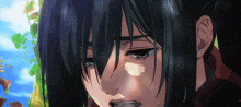 a close up of a girl 's face with a tear running down her face