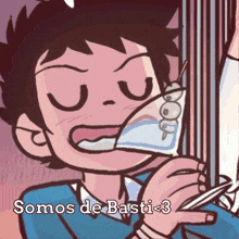 a cartoon of a boy drinking from a martini glass with the words somos de basti < 3 on the bottom