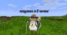 a penguin wearing a hat and sunglasses is standing in a field with a compass around its neck