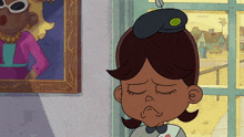 a cartoon girl with her eyes closed and a beret on her head