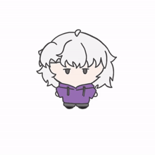 a drawing of a boy with white hair and a purple hoodie