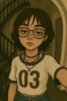 a drawing of a girl wearing glasses and a shirt with the number 03