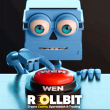 a robot pressing a red button that says wen on it