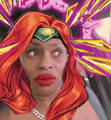 a woman with red hair and a green headband is wearing a comic book character costume .
