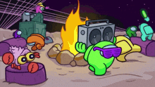 among us characters are gathered around a campfire with a green character wearing sunglasses and a boombox