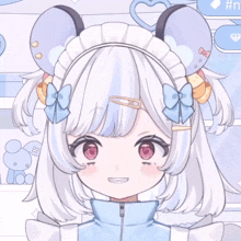 a girl with white hair and red eyes is wearing a mouse headband