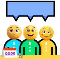 three smiley faces are sitting at a table with a calendar for 2025