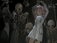 a drawing of two girls surrounded by skeletons and chains