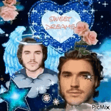 two men are standing next to each other in front of a blue heart with the words sweet dreams written on it .