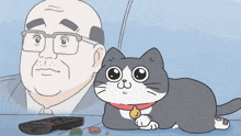 a cartoon drawing of a cat and a bald man