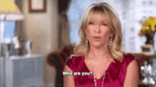 a woman in a pink shirt is talking to someone and asking who are you ?