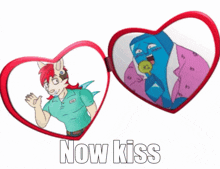 a drawing of a couple kissing with the words now kiss written below it