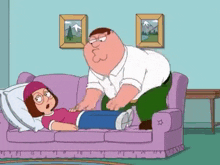 a cartoon of peter griffin and meg laying on a purple couch .
