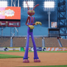 a cartoon character is standing on a baseball field in front of a sign that says ' a & a '