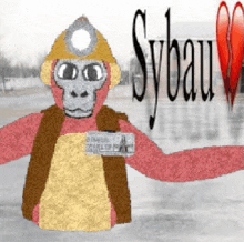 a drawing of a monkey holding a card with sybau in the background