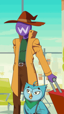 a cartoon character with the letter w on their head