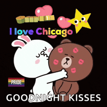 a cartoon of a rabbit kissing a bear with the words i love chicago goodnight kisses