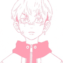 a drawing of a boy with short hair wearing a pink jacket .