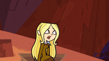 a cartoon girl with blonde hair is sitting with her eyes closed and her mouth open