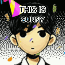 a cartoon character wearing a party hat with the words this is sunny written on it