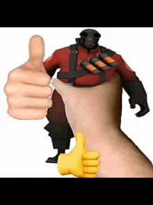 a person is giving a thumbs up to a cartoon character with a gas mask on