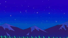 a cartoon drawing of a monster with a large mouth and mountains in the background