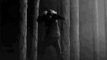 a black and white photo of a person standing in the woods .