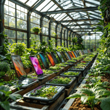 a greenhouse filled with lots of plants and cellphones