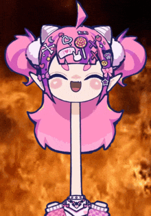 a cartoon drawing of a girl with pink hair and a long neck