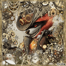 a picture of a cat in a steampunk costume is surrounded by gears and clocks and says picmix at the bottom
