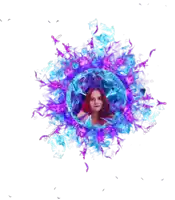 a picture of a woman in a circle of purple and blue flames