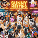 a group of people standing in front of a neon sign that says " sunny meeting "