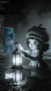 a little girl holding a lantern in front of a teddy bear with the word fine on the bottom right