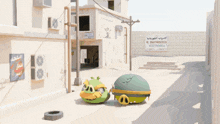 two angry birds are standing in front of a building with a sign that says electronics
