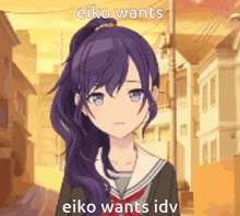 eiko wants eiko wants idv is written on a picture of a girl in a school uniform