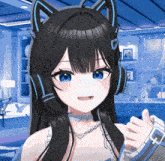 a girl with black hair and blue eyes is wearing headphones and giving a thumbs up sign
