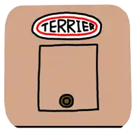 an illustration of a terrier with a sign above it