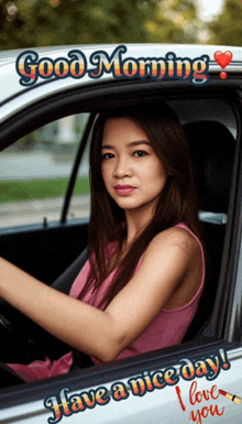 a woman is sitting in a car with a good morning message