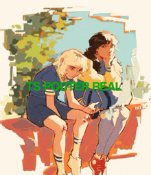 a painting of two women sitting next to each other with the word real on the bottom right corner