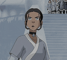 a cartoon character is standing on a set of stairs with a group of people in the background
