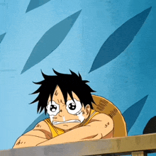 a cartoon character with a yellow shirt and a straw hat is looking over a railing and crying