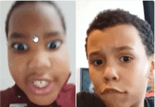 a boy and a girl are making funny faces in front of a computer screen .
