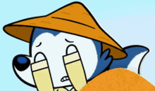 a cartoon of a dog wearing a hat covering his eyes