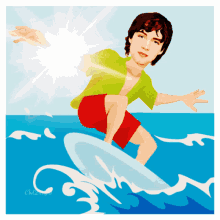 a cartoon of a boy riding a wave on a surfboard with the name cbl2 on the bottom