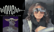 a woman wearing sunglasses is in a car next to a picture of a baby yoda from nycrhythm.com