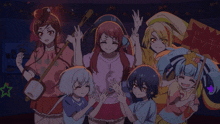 a group of anime girls are posing for a picture and one of them is wearing a shirt with the number 12