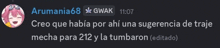 a screenshot of a chat with arumania68
