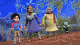 a group of cartoon characters standing next to each other including a robot