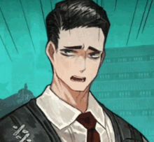 a man in a suit and tie is making a sad face in a cartoon .